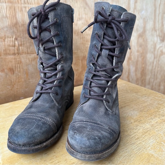 All Saints Spitalfields Gray Brown Combat Moto Lace Up Side Zip Distressed Boot - Picture 4 of 15
